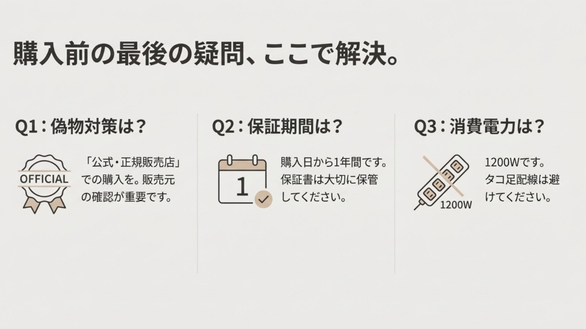 購入前のQ&Aまとめ。偽物対策としての正規店利用、保証期間1年、消費電力1200W（タコ足配線禁止）の3点をアイコン付きで解説。