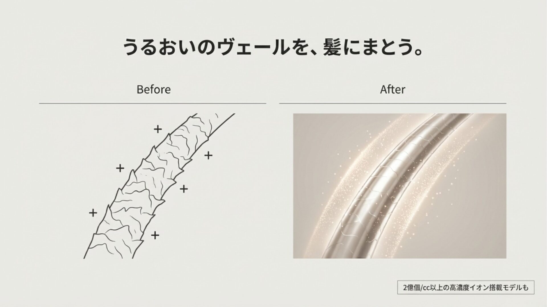マイナスイオンが髪のキューティクルを整え、潤いのヴェールをまとわせるイメージ図。使用前と使用後の髪のまとまりの違い（Before/After）を表現。
