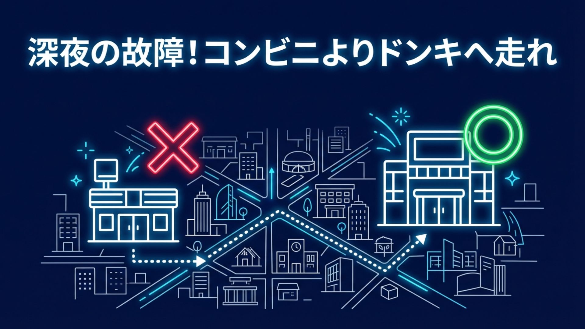 深夜のドライヤー故障時、コンビニ（×）ではなく24時間営業の量販店（ドンキ等）へ向かうルート図