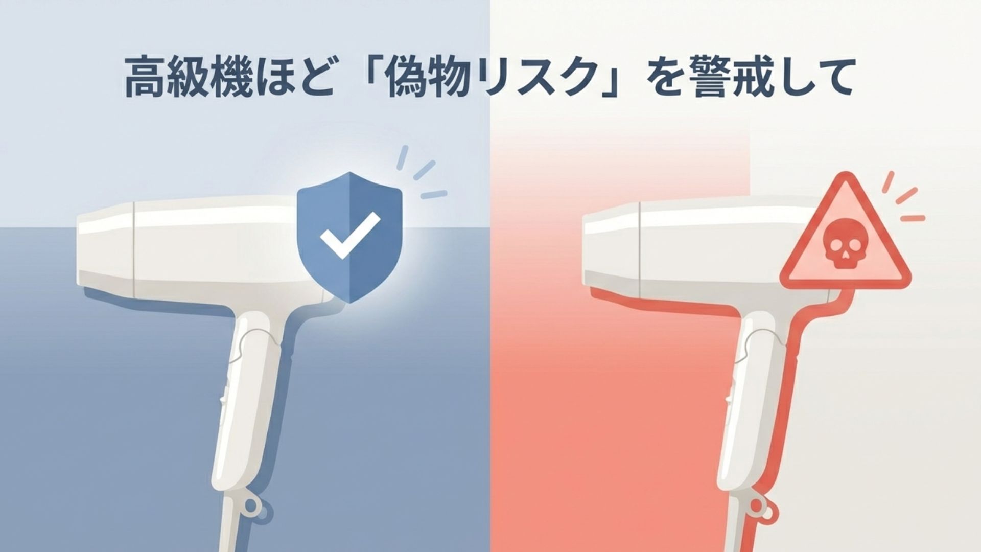 高級ドライヤーにおける偽物のリスクを警告するイメージ図