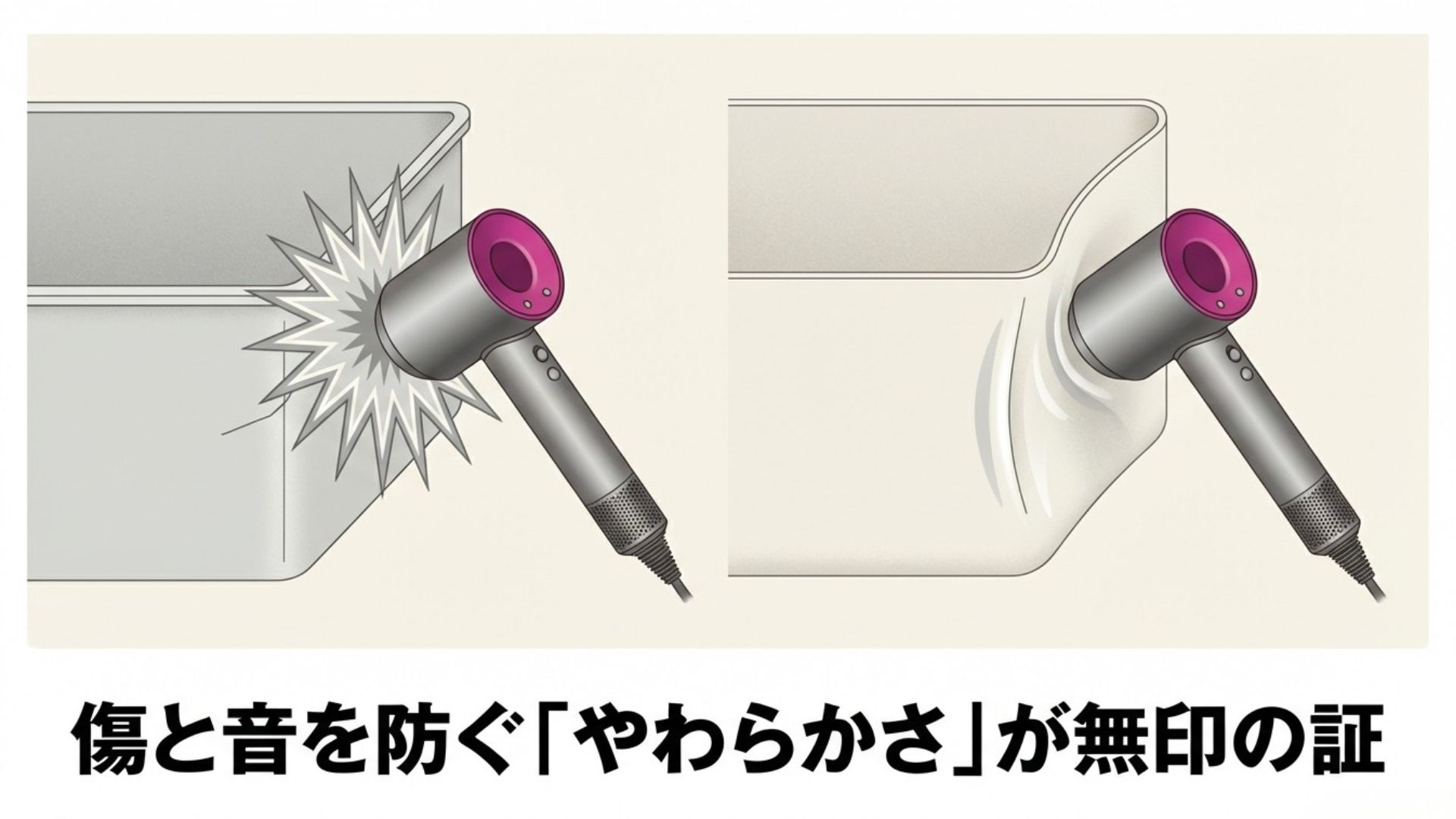 硬いボックスに当たる衝撃と、無印の柔らかい素材がドライヤーを保護する比較イメージ