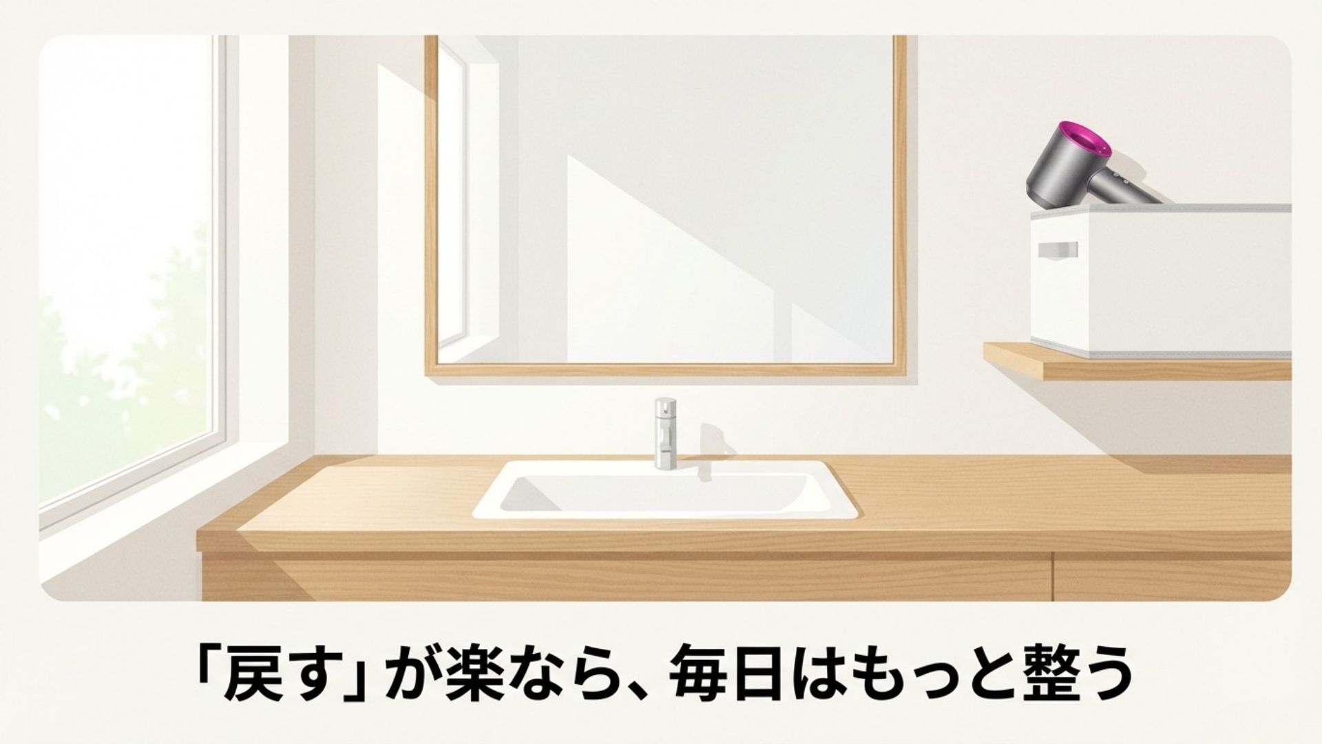 片付けが楽になり、美しく整った洗面空間で快適に過ごすイメージ