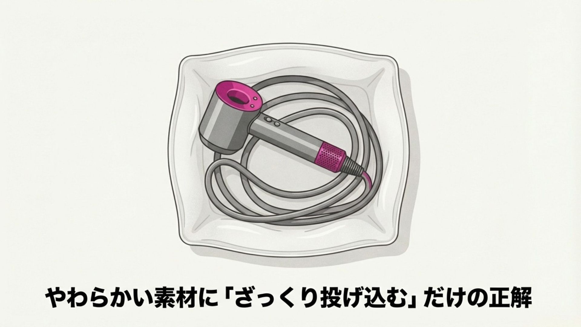 無印良品のやわらかポリエチレンケースの中に、コードをふんわりまとめて収納されたダイソンドライヤー