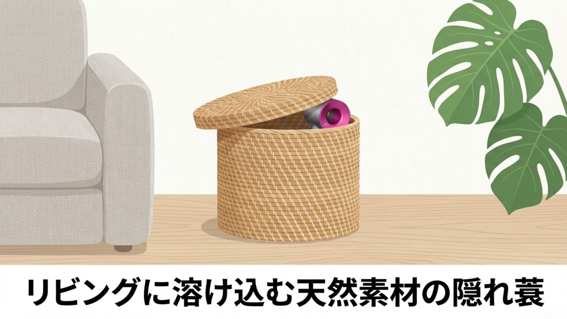 リビングの雰囲気に馴染む天然素材のラタンバスケットを活用した隠す収納のイメージ
