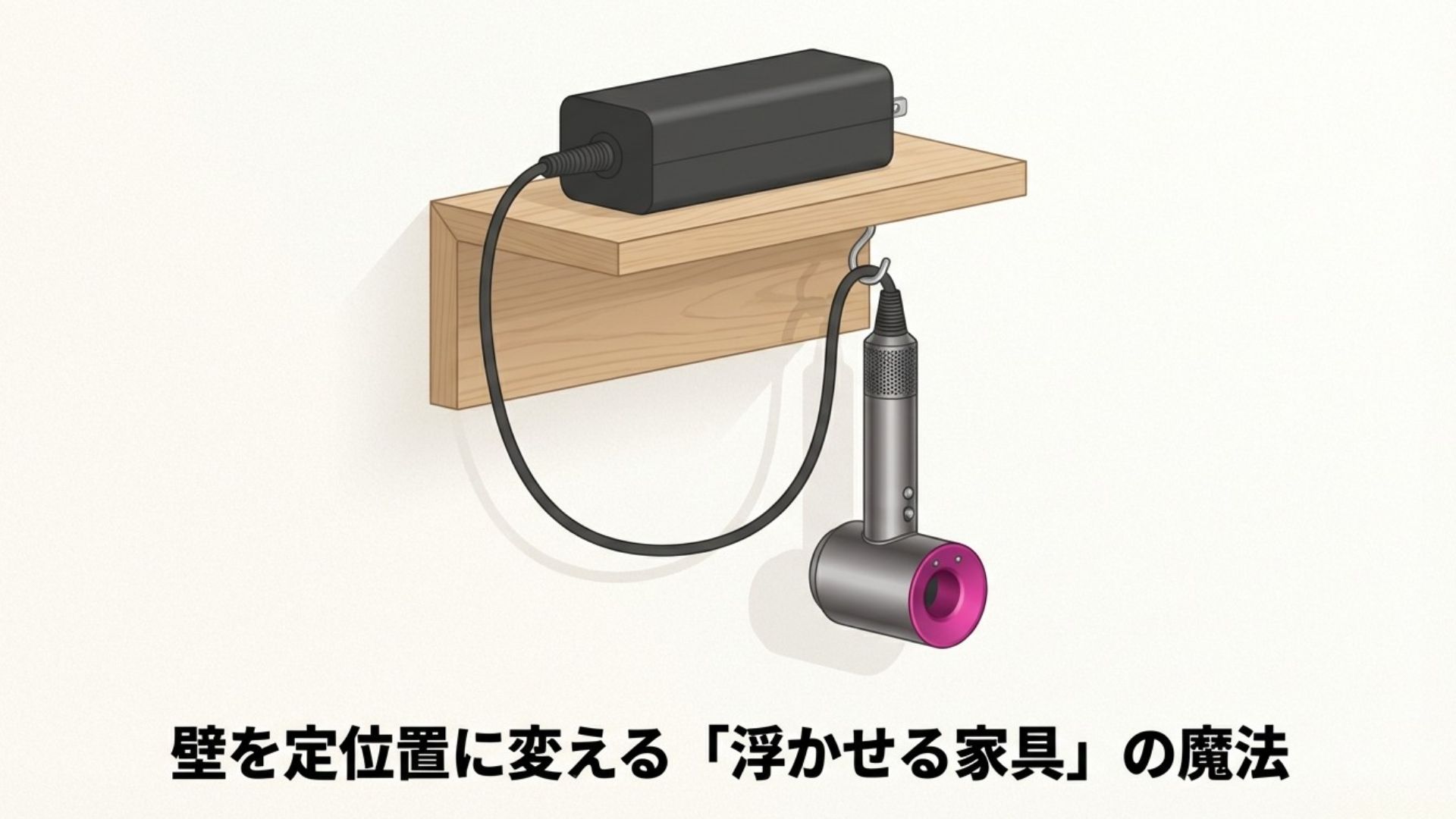 無印良品の壁に付けられる家具の棚にアダプターを置き、フックで本体を吊り下げる安全な壁掛け方法