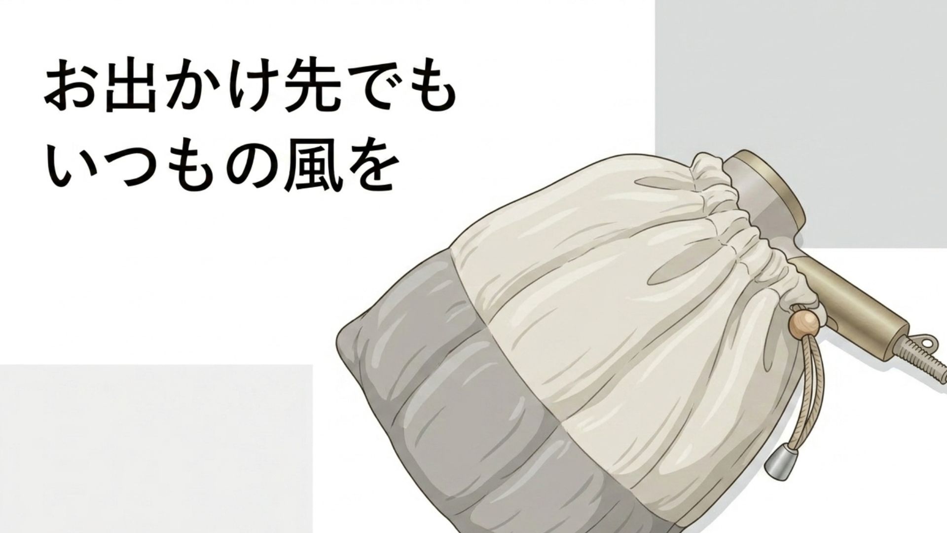 大切なドライヤーを外出先へ持ち運ぶための専用収納ケース。「お出かけ先でもいつもの風を」というテキスト