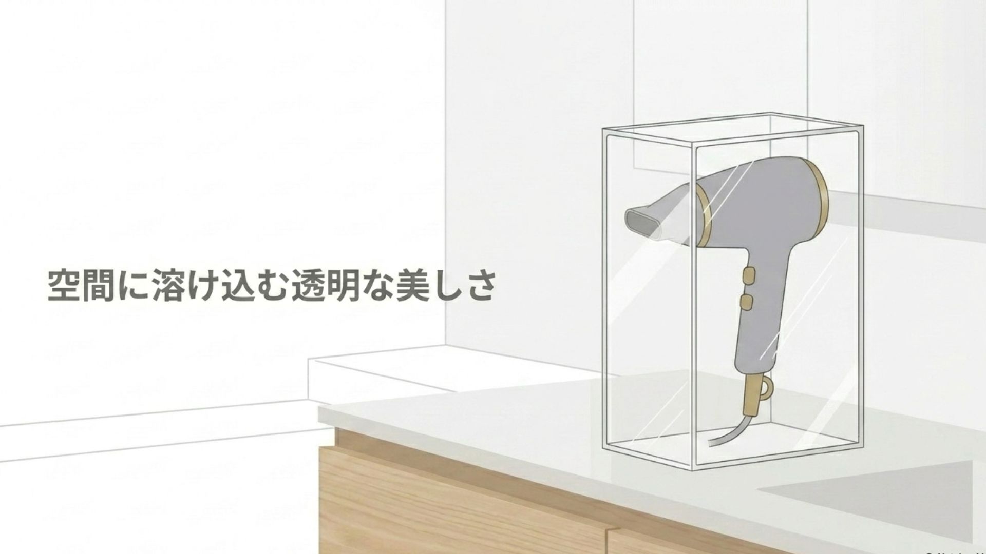 シンプルな半透明のファイルボックスにドライヤーを収納したイメージ。「空間に溶け込む透明な美しさ」というテキスト