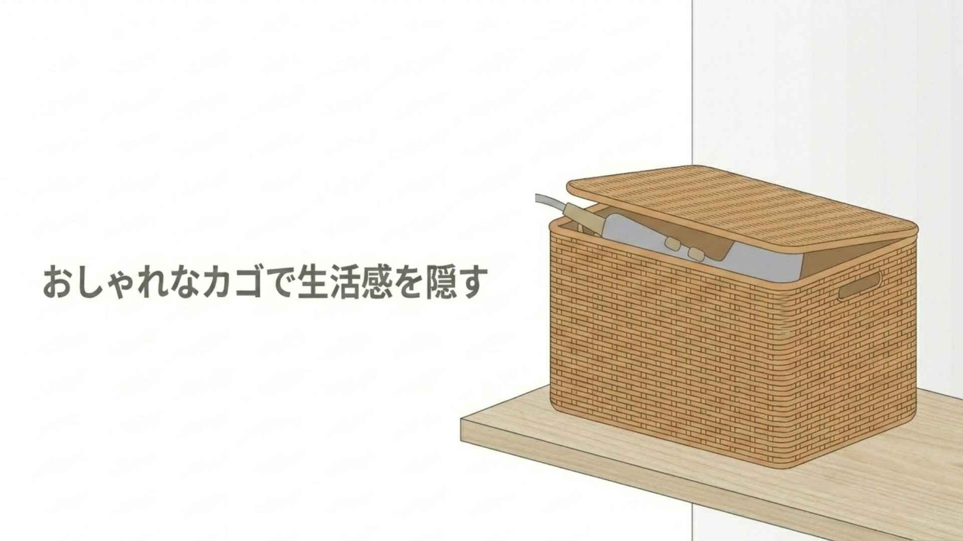 ラタン素材などのおしゃれなカゴにドライヤーを入れて生活感を隠す収納イメージ。「おしゃれなカゴで生活感を隠す」というテキスト