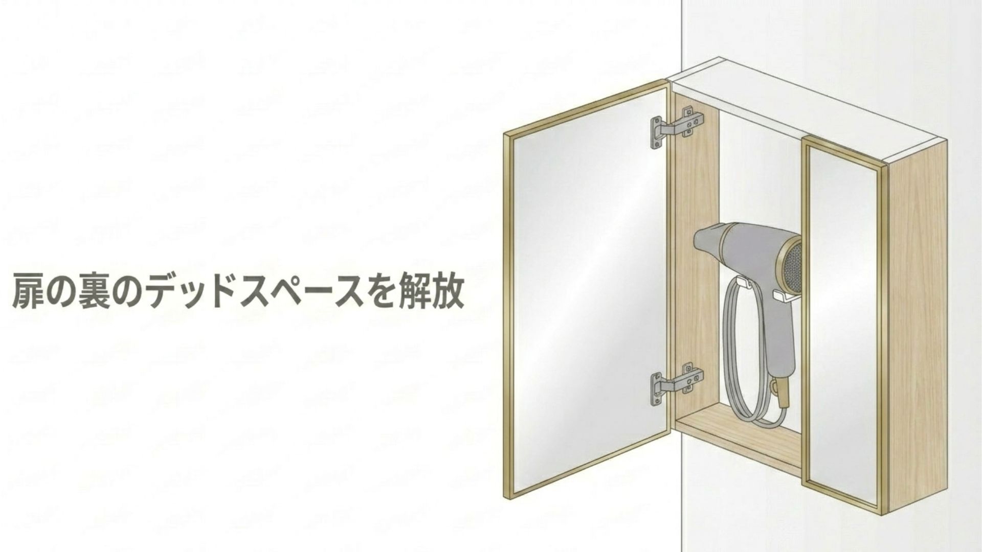 洗面台の鏡裏の棚に、スタンドを使ってドライヤーを縦置きに収納しているイラスト。「扉の裏のデッドスペースを解放」というテキスト