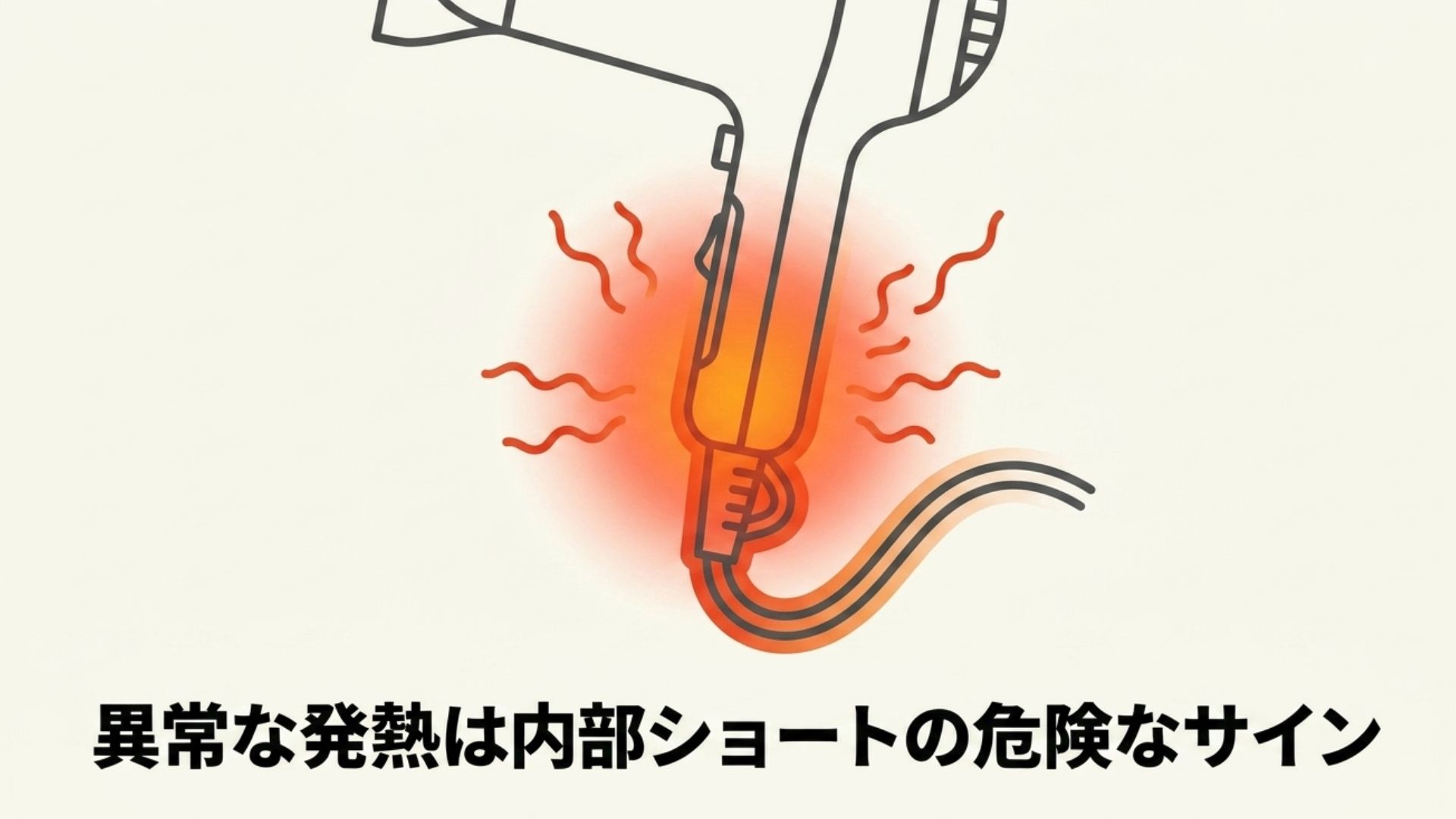 ドライヤーの本体やコードの根元が赤く発熱しており、内部ショートの危険性を示しているイラスト