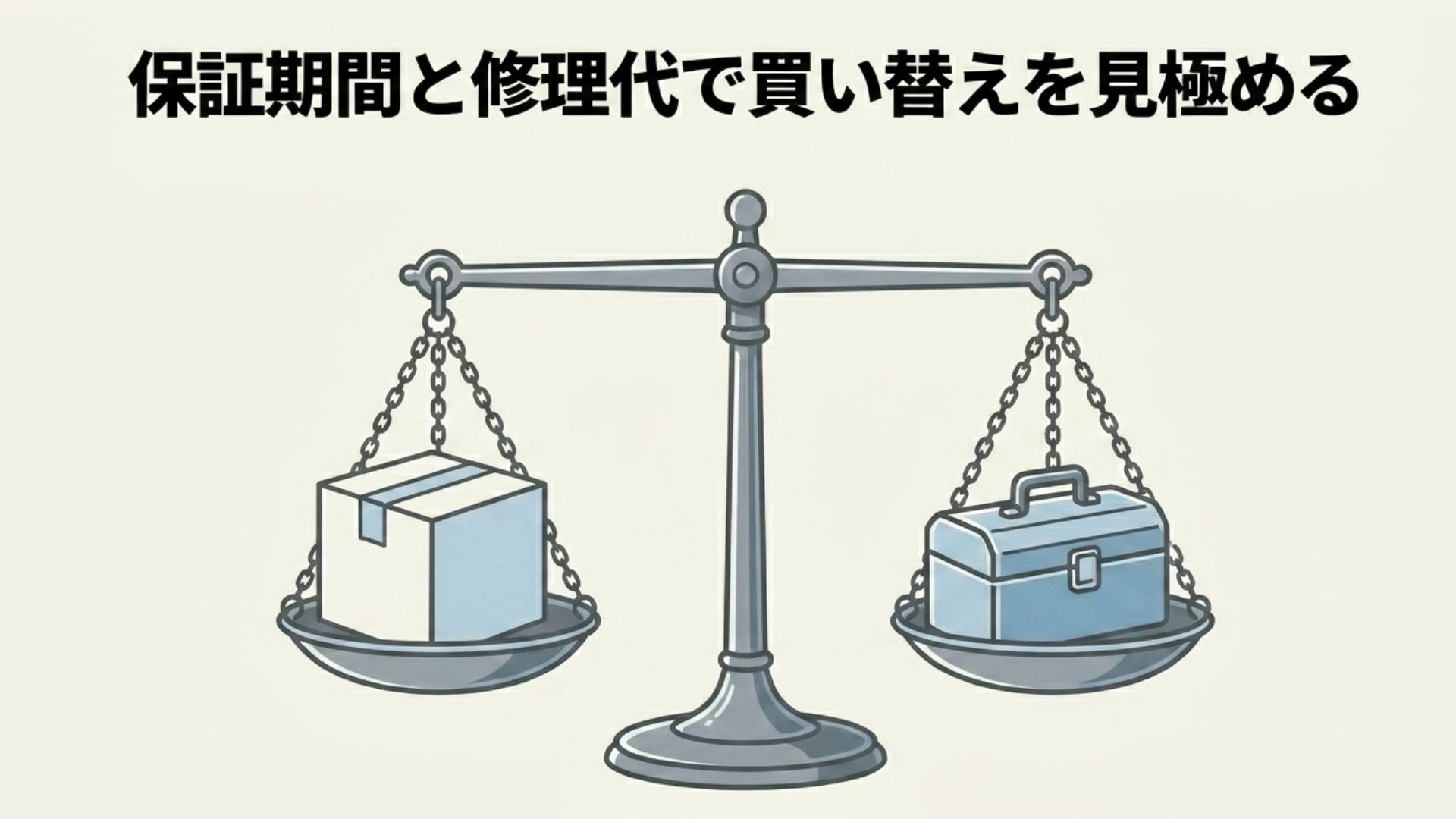 天秤の片方に新品の商品箱、もう片方に修理用の工具箱が乗っており、買い替えと修理のどちらが良いかを比較しているイラスト