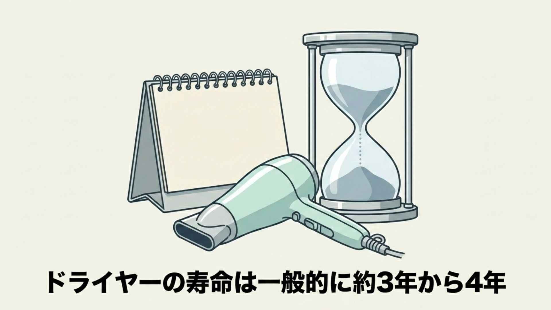 カレンダー、砂時計、ドライヤーが並べられており、ドライヤーの寿命が一般的に約3年から4年であることを表すイラスト