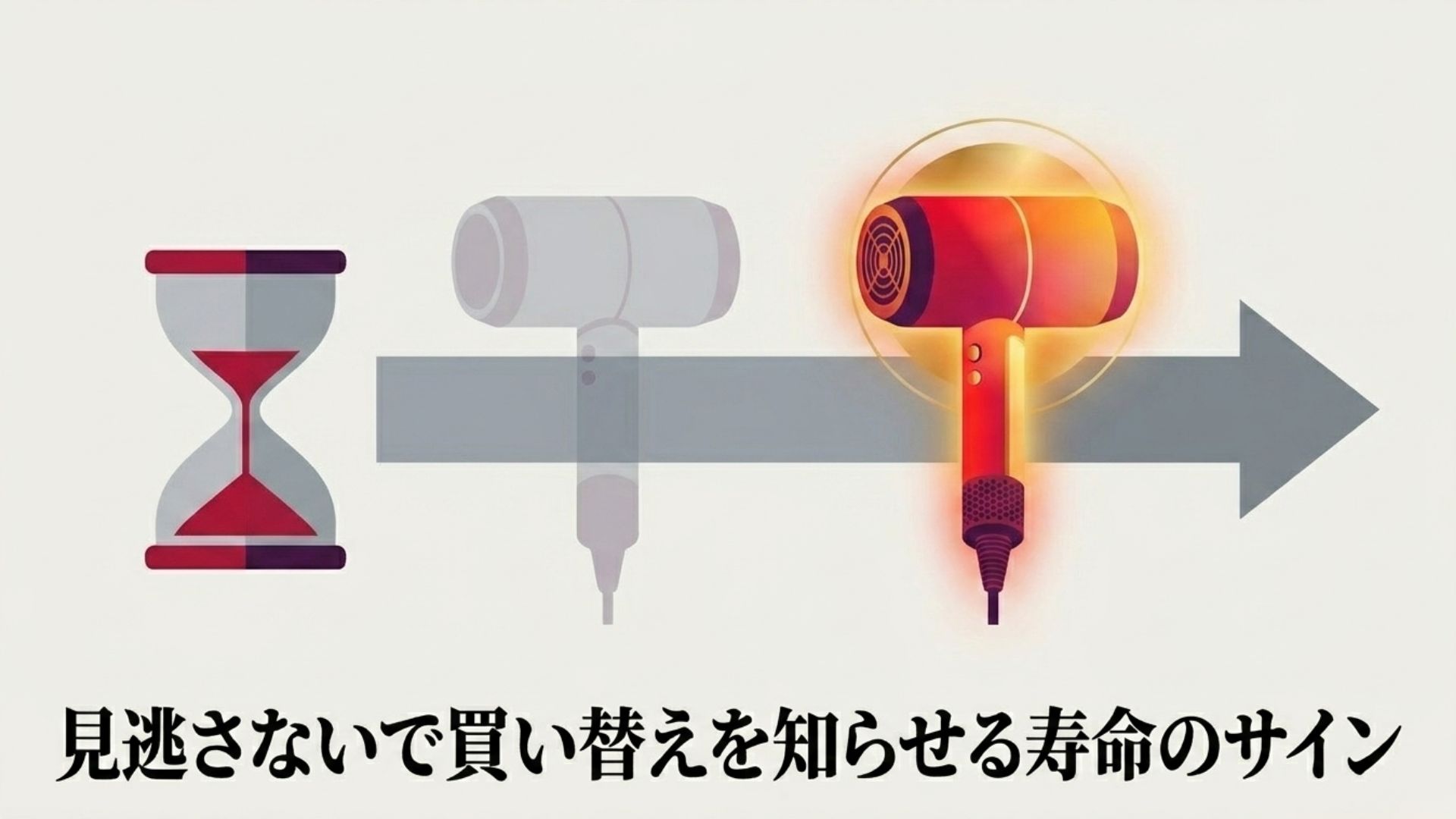 砂時計とドライヤーを用いた寿命と買い替えサインのイメージ