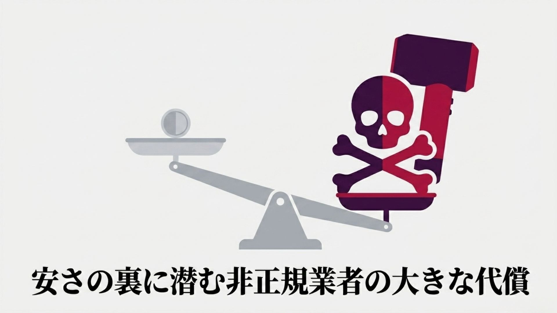 非正規業者に依頼する際のリスクと代償を示す警告イメージ