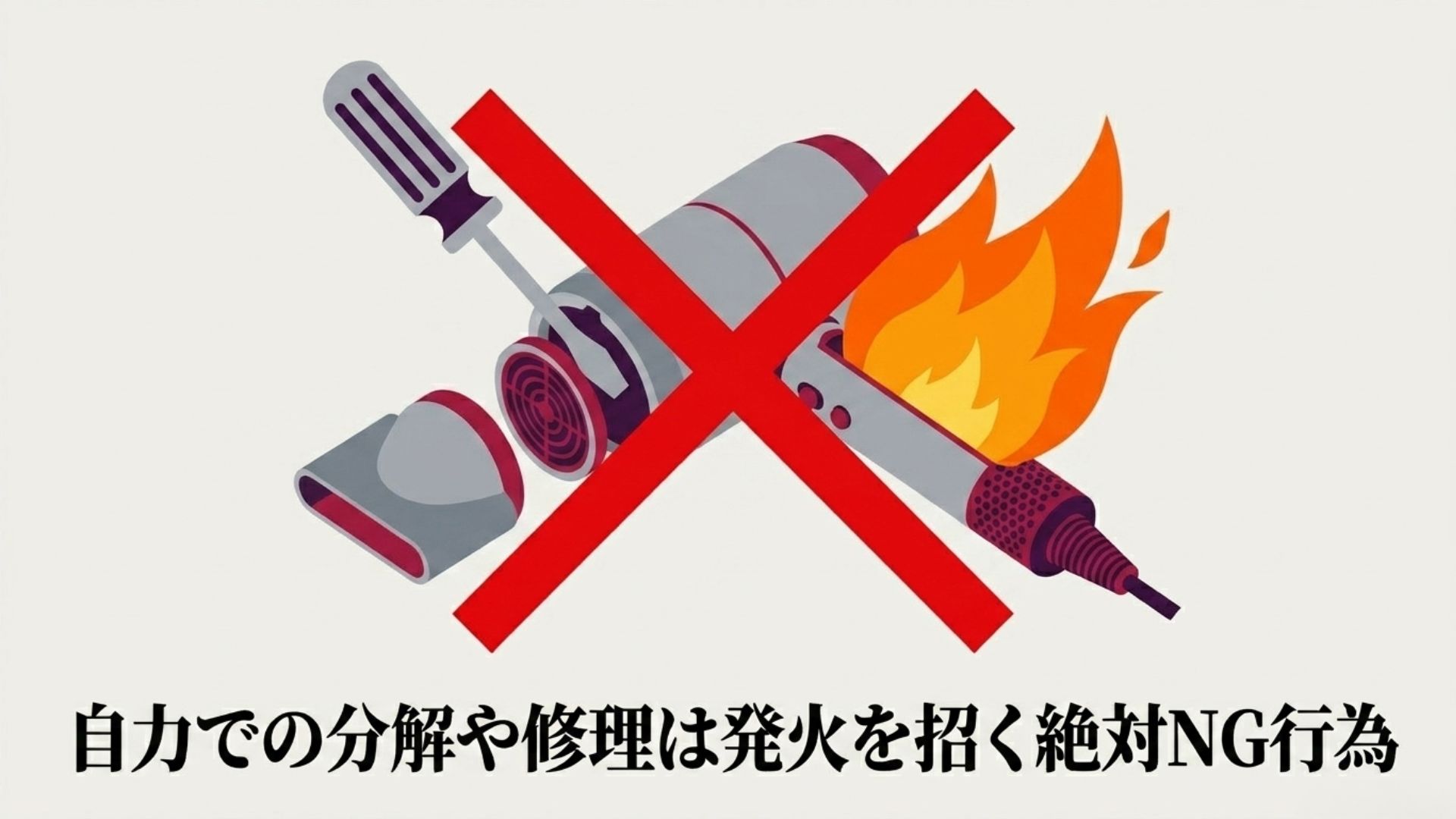 ドライヤーを分解することの危険性と火災リスクを示す警告表示